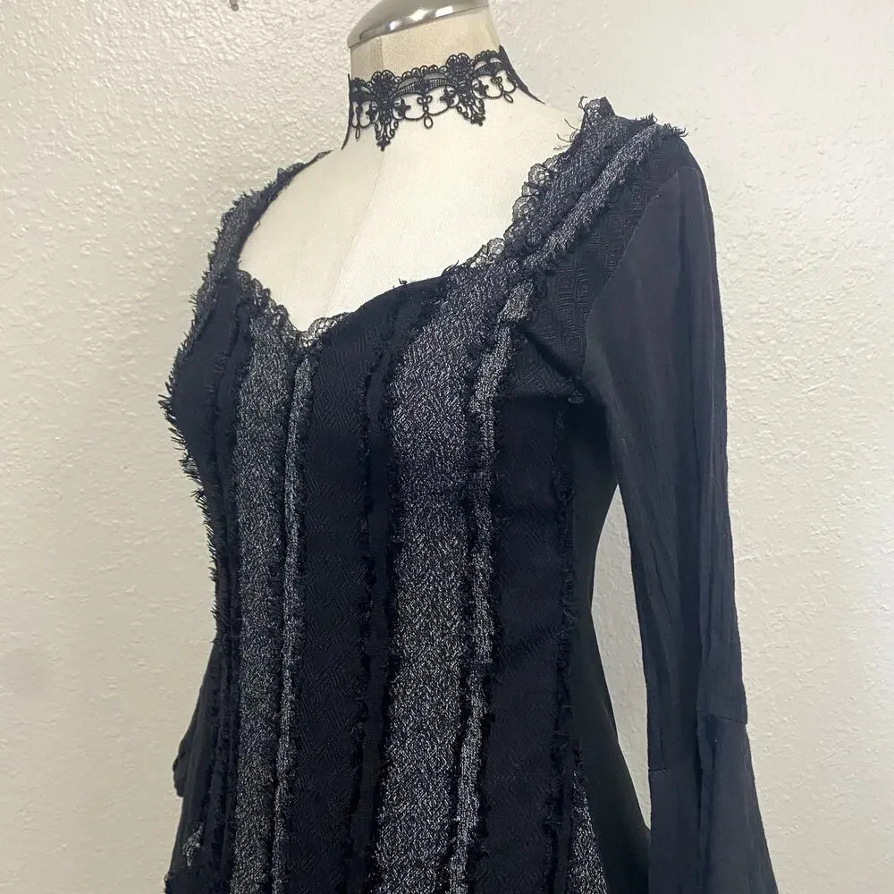 Asymmetrical Striped Layered Flare Dramatic Sleeve Whimsigoth Vamp Gothic Dress - Picture 6 of 12